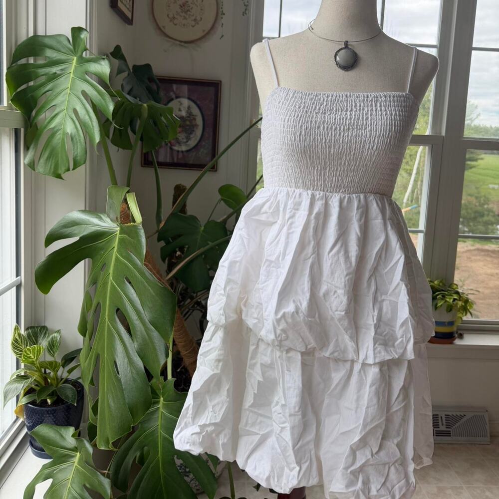 White Cotton Blend A-Line Ruffle Dress Small